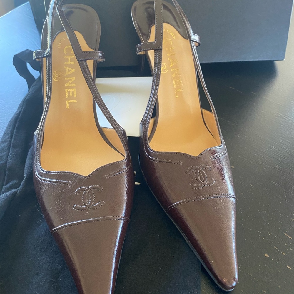 CHANEL Women's Dark Brown Leather Slingback Heels
